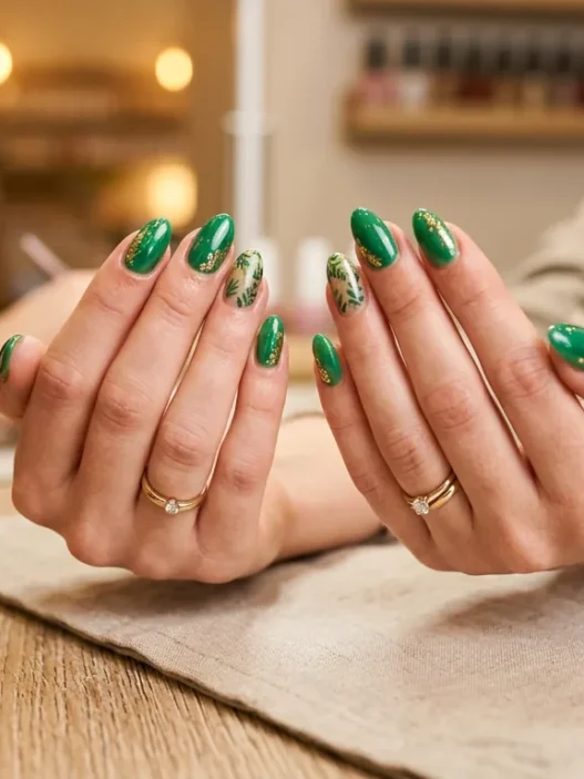 Woman's hands displaying completed vacation wedding manicure with glossy finish on salon table