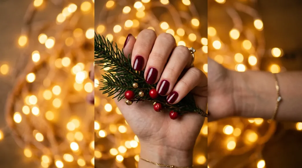 Close-up of manicured hands against warm golden fairy light bokeh background for Valentine's nail inspiration