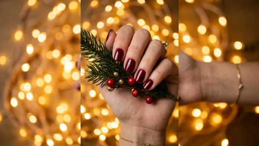 Close-up of manicured hands against warm golden fairy light bokeh background for Valentine's nail inspiration