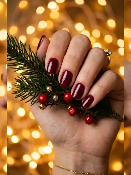 Close-up of manicured hands against warm golden fairy light bokeh background for Valentine's nail inspiration