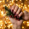 Close-up of manicured hands against warm golden fairy light bokeh background for Valentine's nail inspiration