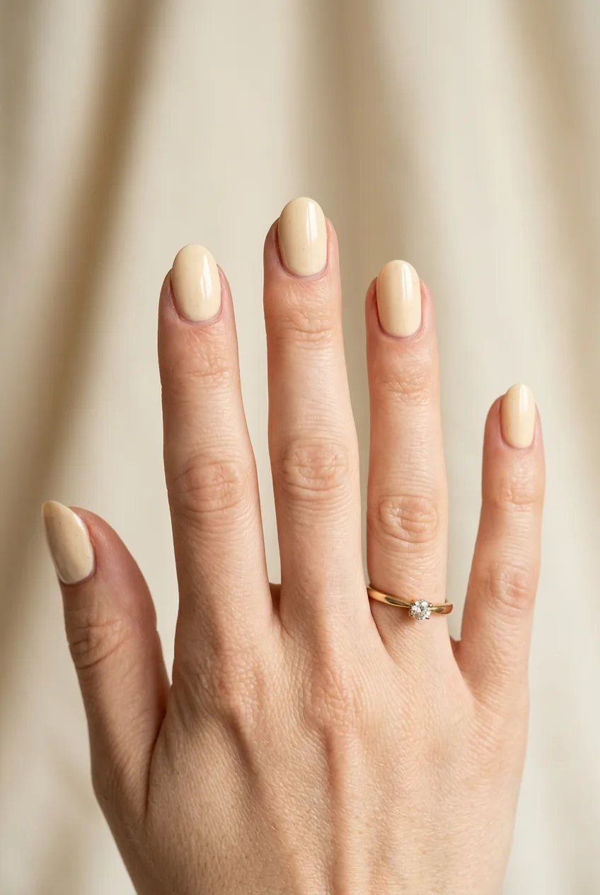 Round-shaped nails with warm vanilla bean cream color in natural studio lighting