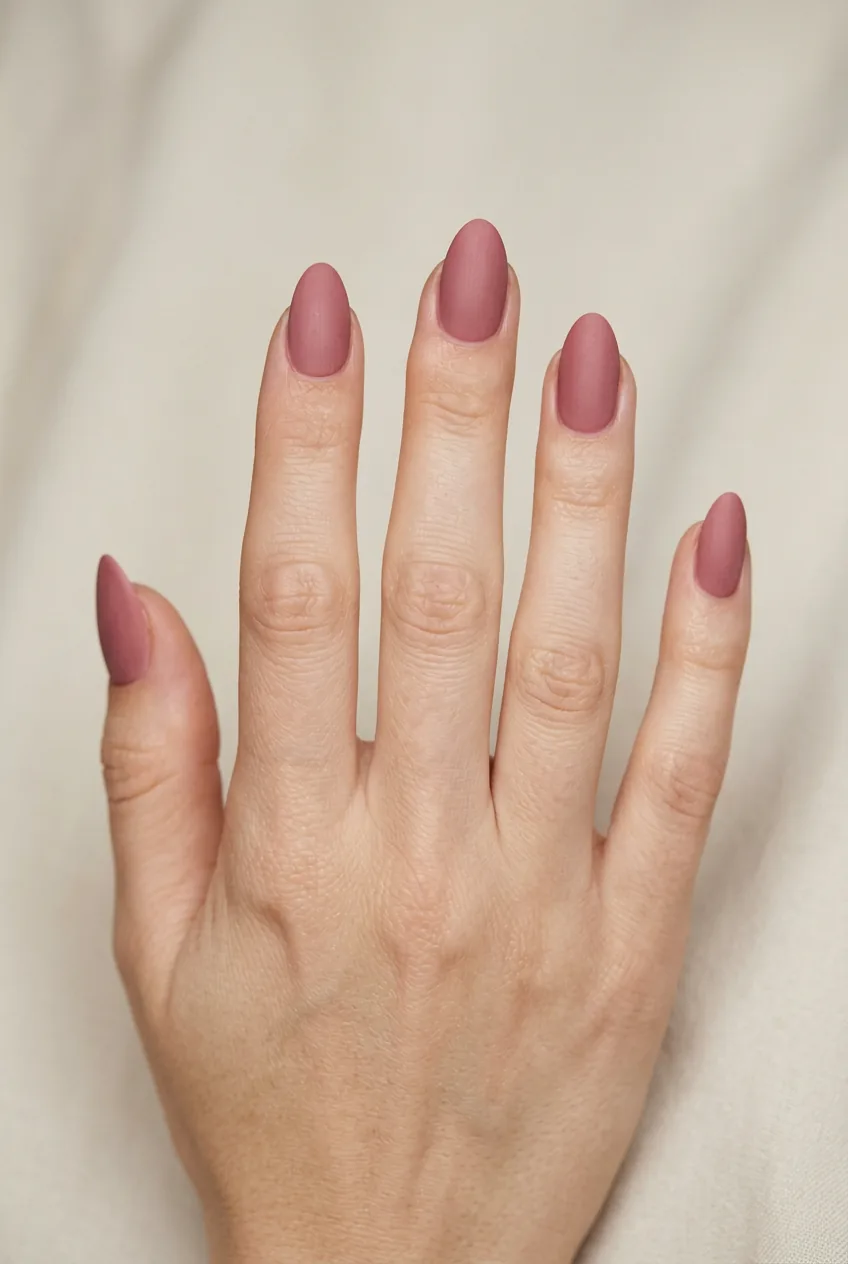 Woman's hand wearing matte velvet rose manicure in dusty muted pink shade