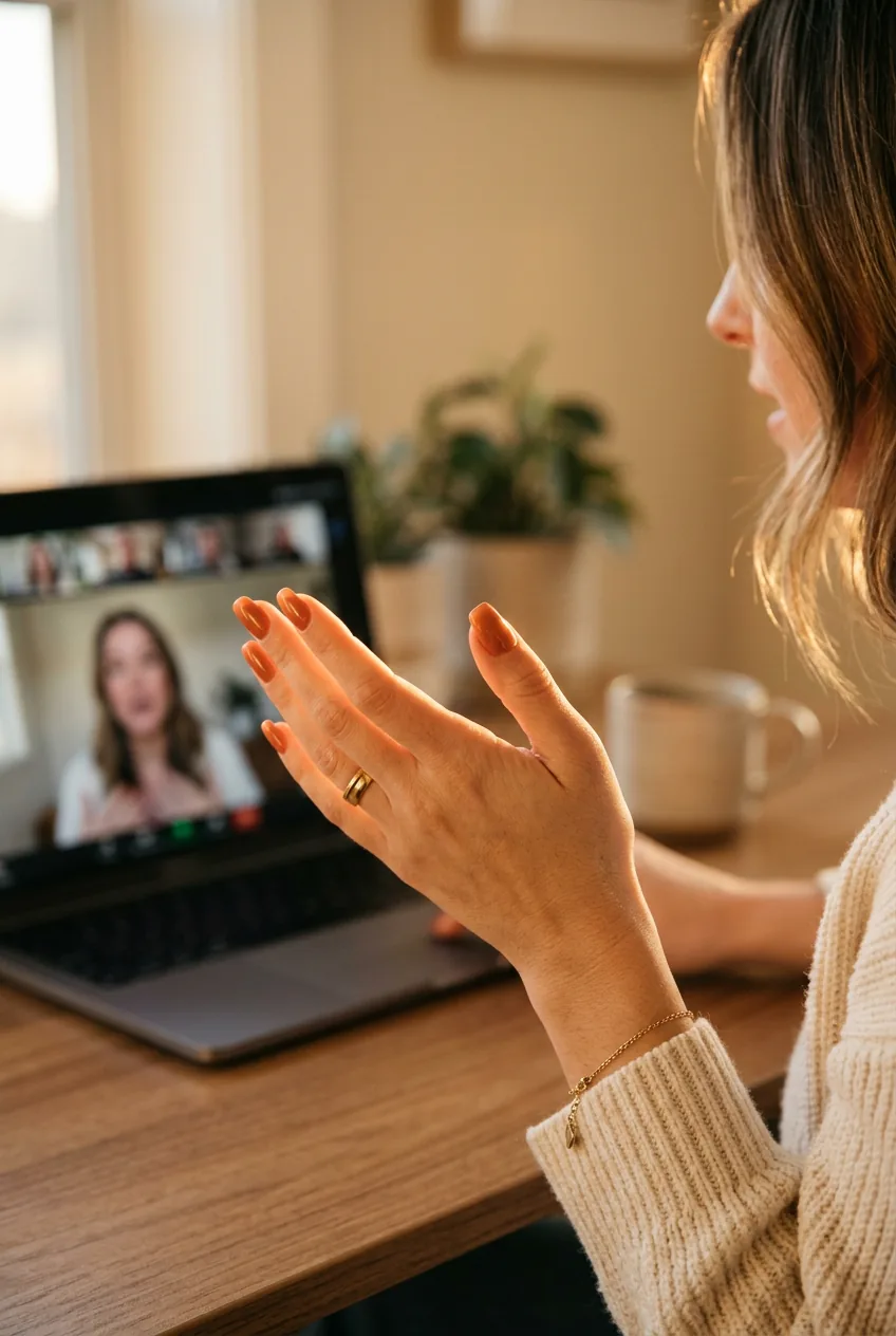 Woman's hand gesturing during video call with professional gel nails catching light
