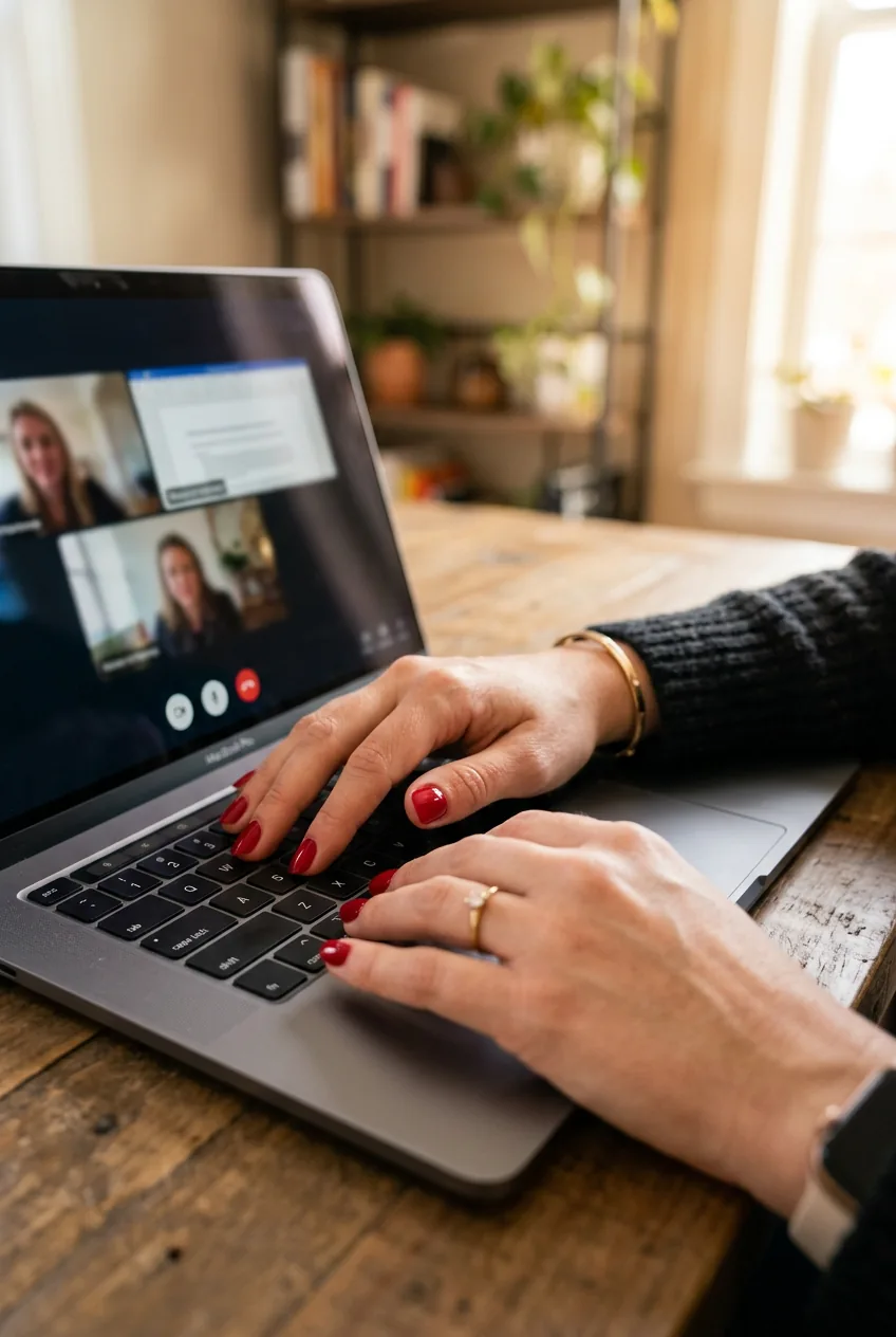 Woman's hands positioned on laptop keyboard during video call displaying perfect red nail designs