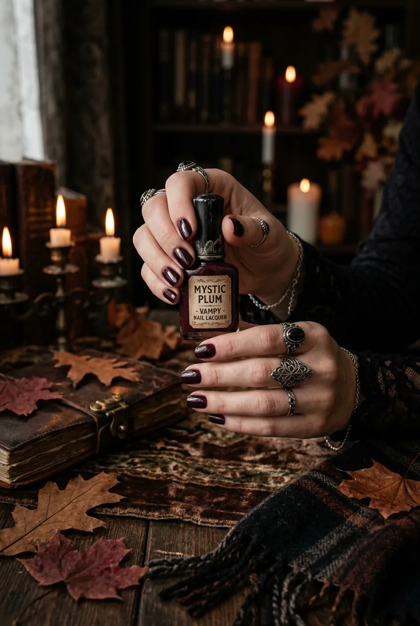 Hands holding vintage burgundy nail polish bottle displaying dark vampy autumn manicure
