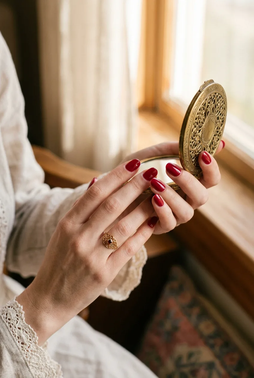 Elegant hands with glossy red manicure holding ornate vintage compact mirror in soft light