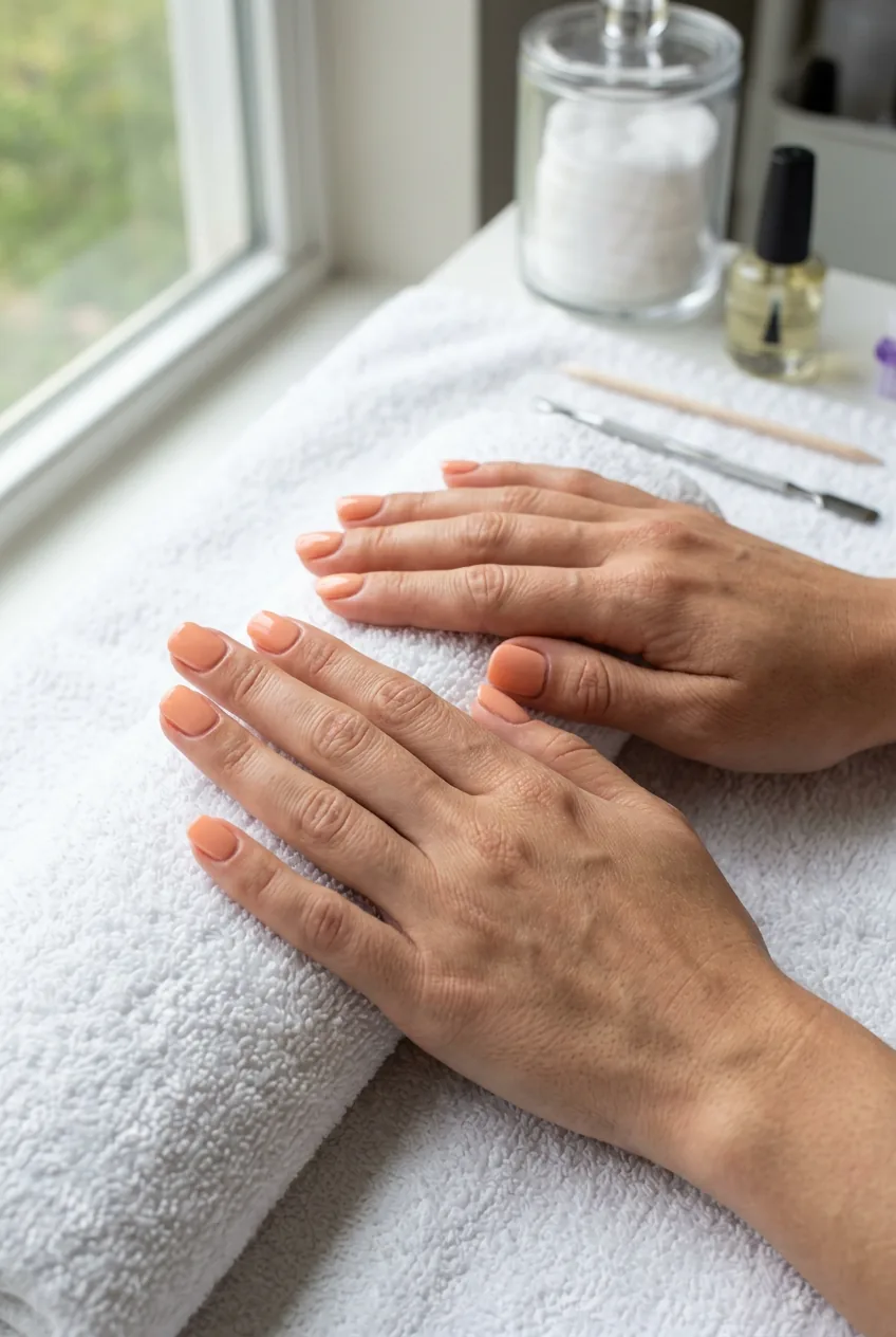 Clean natural nails with warm peach base coat applied on white towel in soft window light
