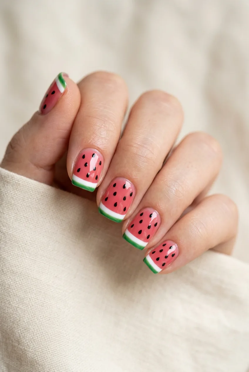 Pink square nails designed to look like watermelon slices with white stripe and black seed dots