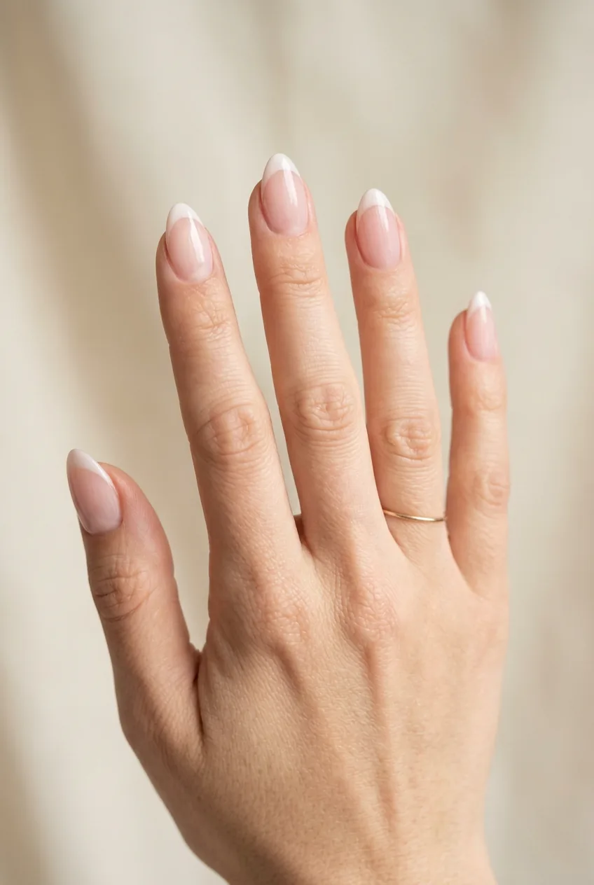 Woman's hand showing almond-shaped nails with barely-there pink French tips in natural lighting