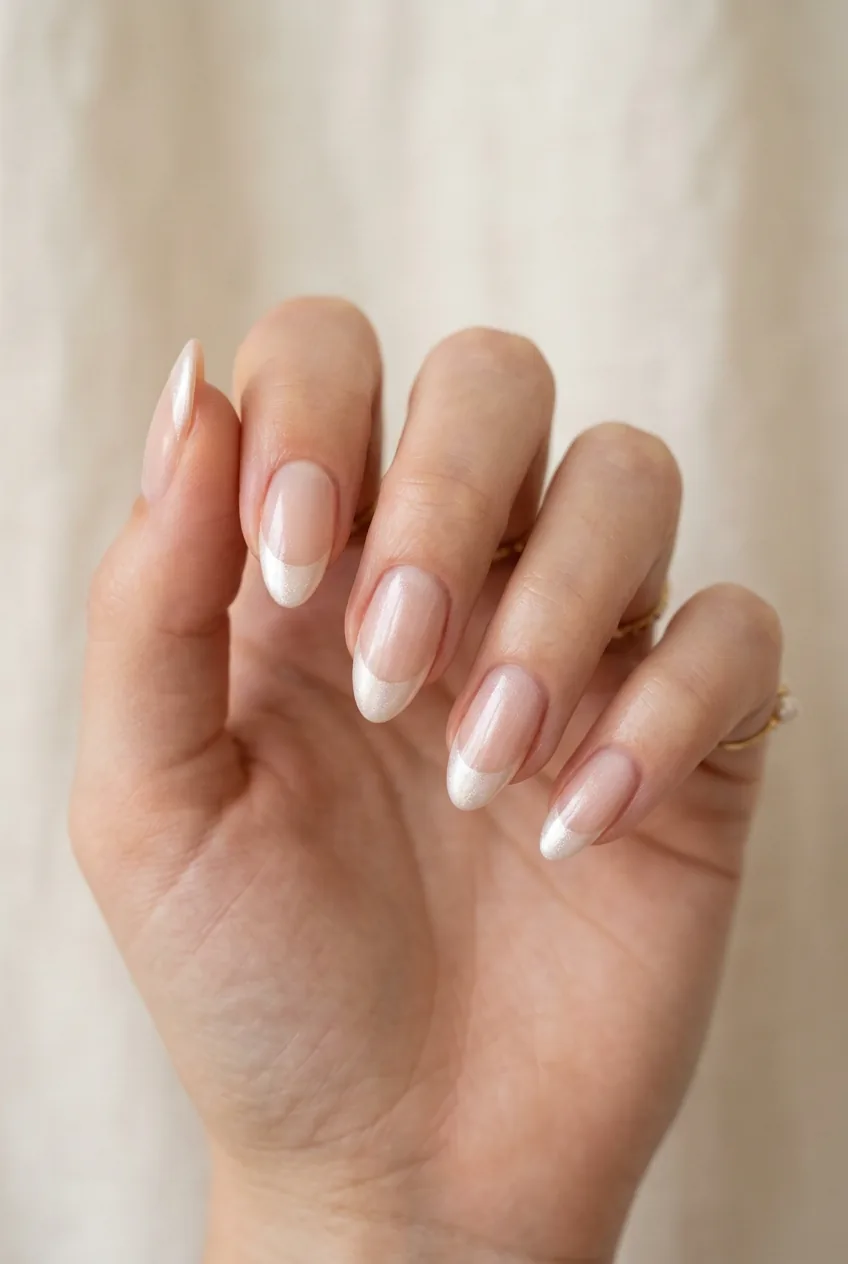 Woman's hand displaying almond-shaped nails with pearl shimmer French tips against neutral background