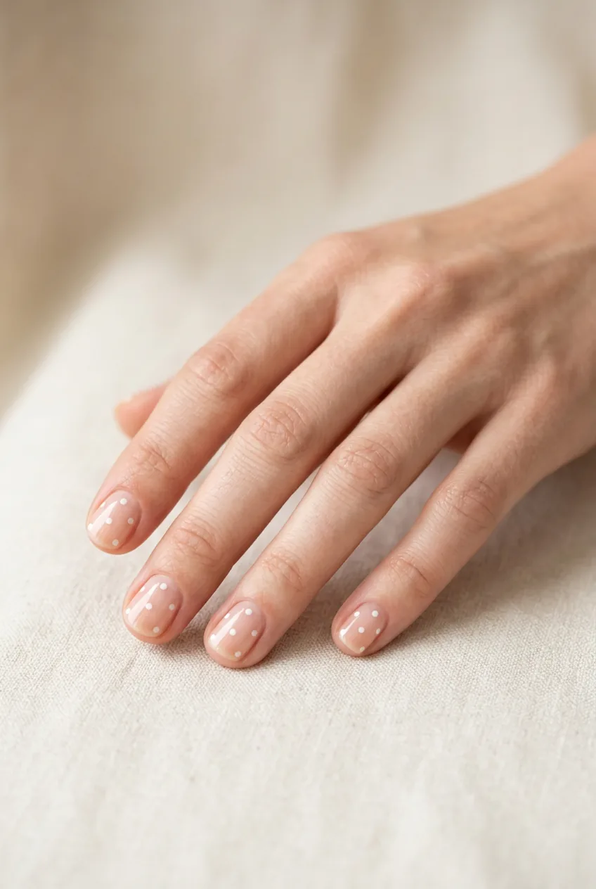 Hand displaying minimalist white polka dot nail design on clear nude base with short natural nails