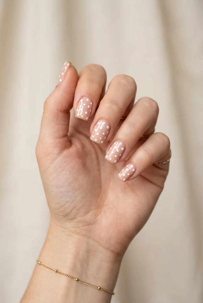 Close-up of woman's hand showing simple white polka dots on nude base short nail design