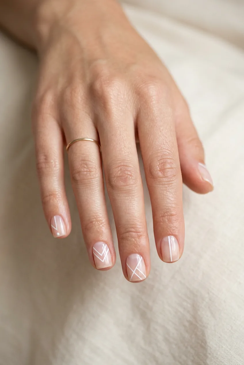 Minimalist square nails with clear base and thin white geometric line patterns