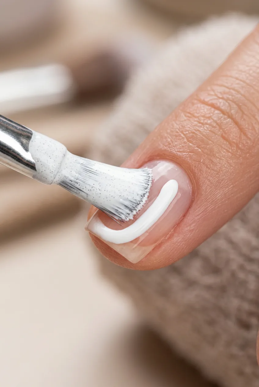 Loaded brush making single smooth stroke of white polish across mapped smile line