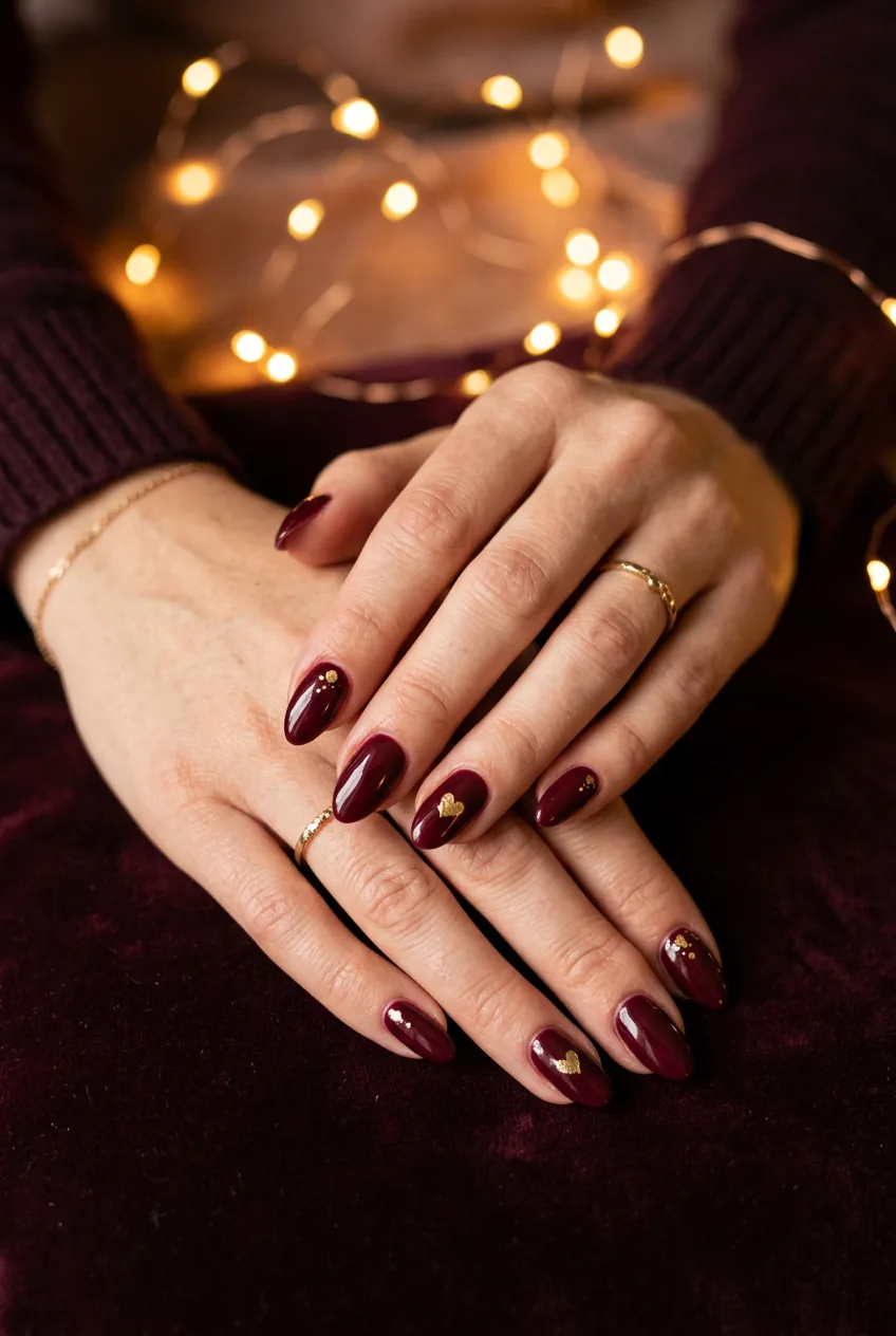 Elegant hands with deep wine burgundy nails featuring subtle gold foil heart accents and warm lighting