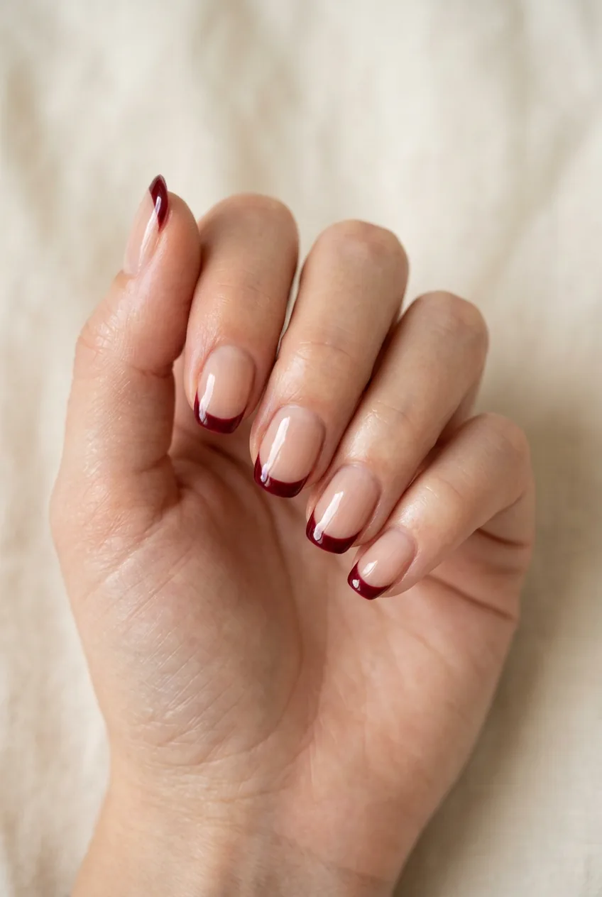 Woman's hand displaying wine country French manicure with deep red tips on nude base