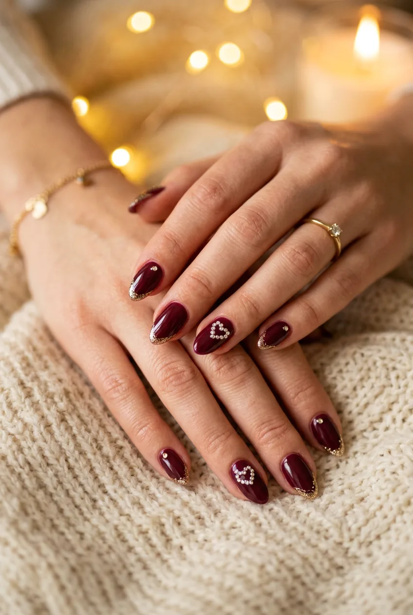 Close-up of hands with wine-colored nails featuring rhinestone accents and sophisticated Valentine's design