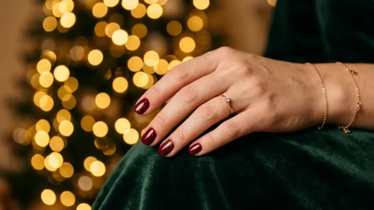 Manicured hands with winter nail polish against warm fairy lights creating golden bokeh background