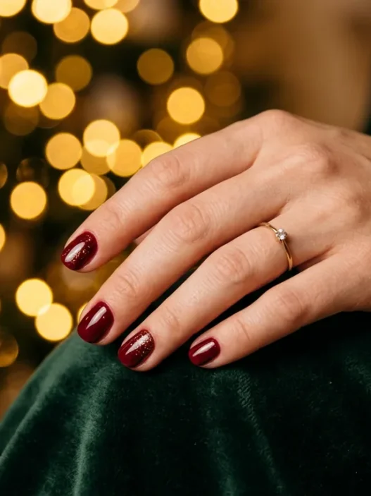 Manicured hands with winter nail polish against warm fairy lights creating golden bokeh background