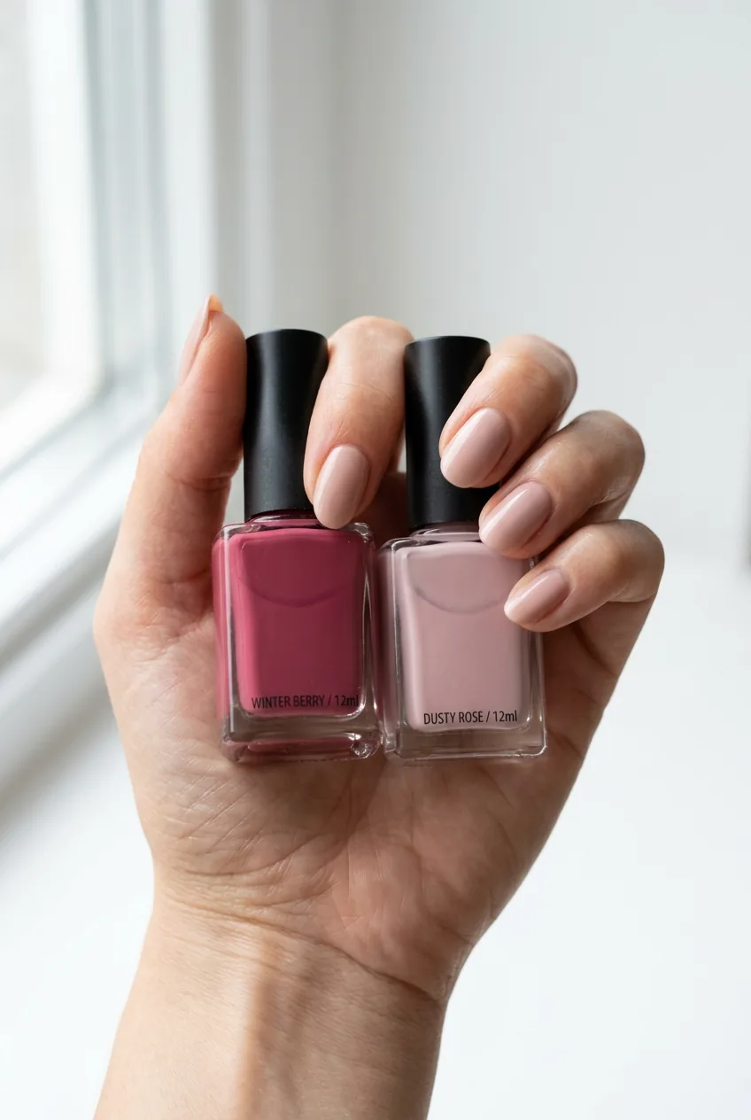 Two nail polish bottles showing color comparison between deep berry winter pink and lighter spring dusty rose shade