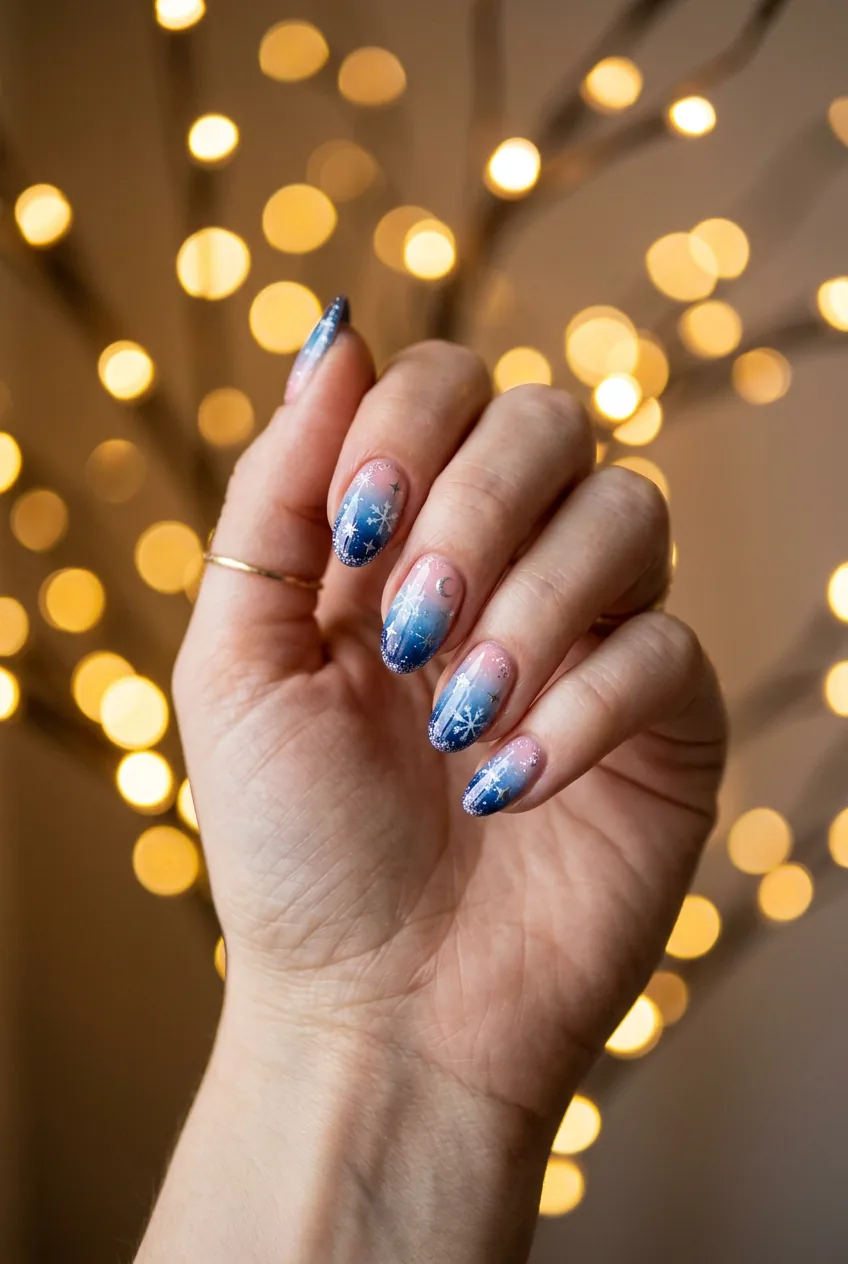 Contemporary gradient nail design transitioning from deep blues to soft sunrise pinks