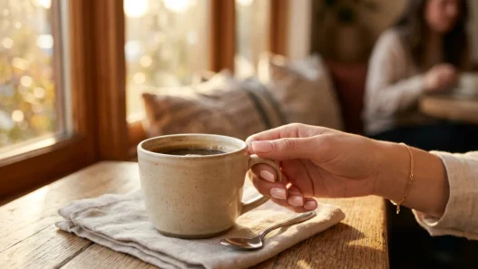 Woman's hand reaching for coffee cup showing perfectly manicured short nude-pink acrylic nails in natural lighting