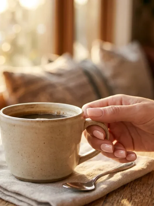 Woman's hand reaching for coffee cup showing perfectly manicured short nude-pink acrylic nails in natural lighting