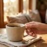 Woman's hand reaching for coffee cup showing perfectly manicured short nude-pink acrylic nails in natural lighting