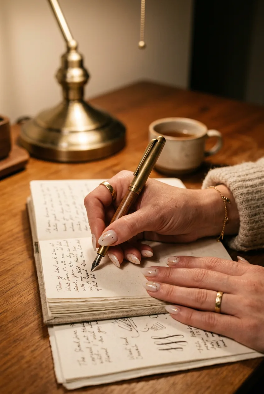 Woman's hand writing in journal showing elegant nail inspo manicure with lived-in charm
