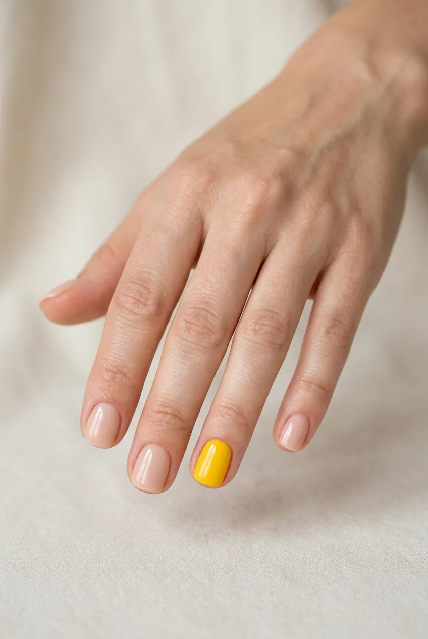 Hand showing sunny yellow accent nail design with nude base and bright yellow ring finger on short nails