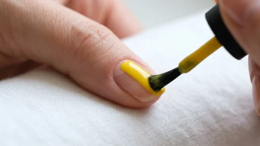 Polish brush applying glossy yellow nail polish in smooth center stroke on natural nail