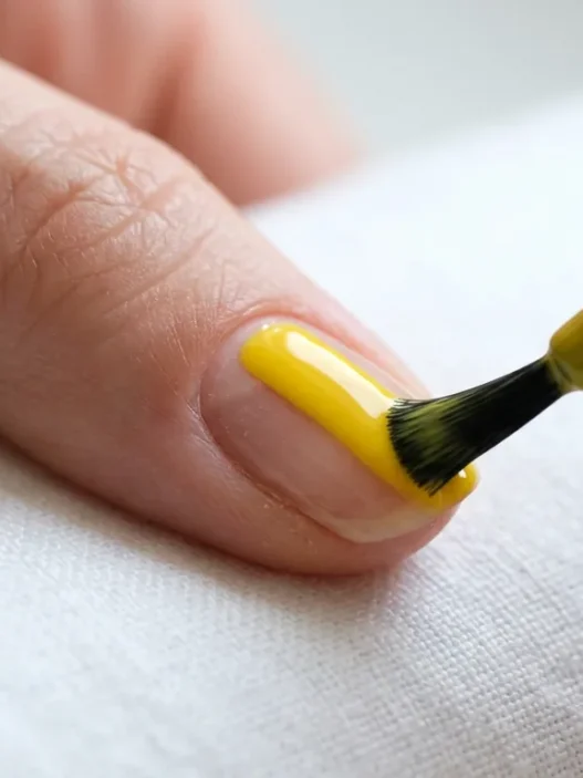Polish brush applying glossy yellow nail polish in smooth center stroke on natural nail