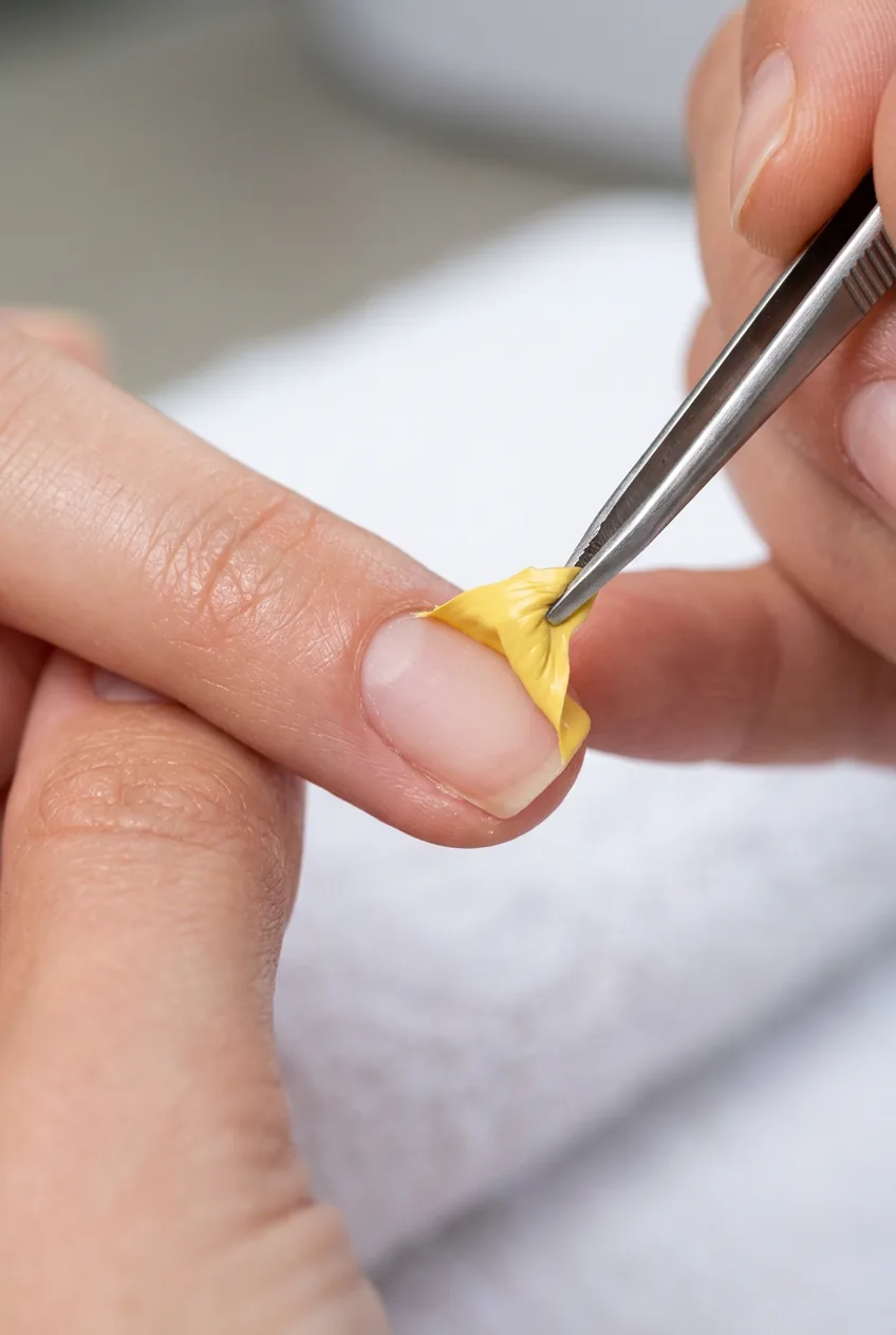 Yellow nail polish peeling off in large sheet being lifted with tweezers