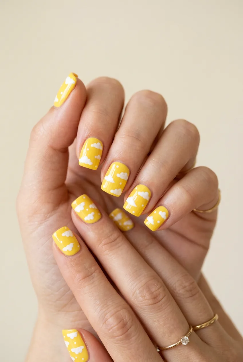 Bright sunshine yellow square nails with minimalist white cloud shapes painted on accent nails