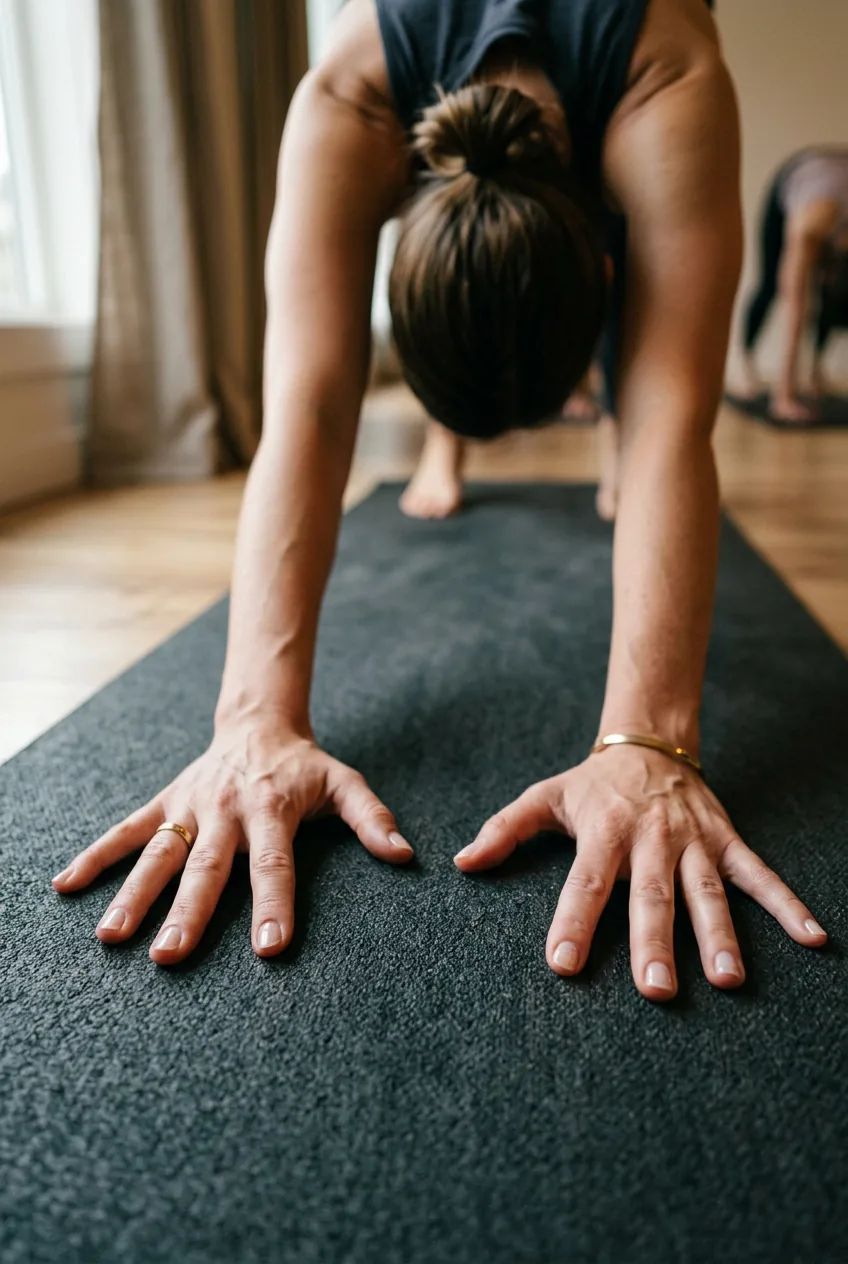 Woman's hands gripping yoga mat in downward dog pose showing short natural nails with clear polish