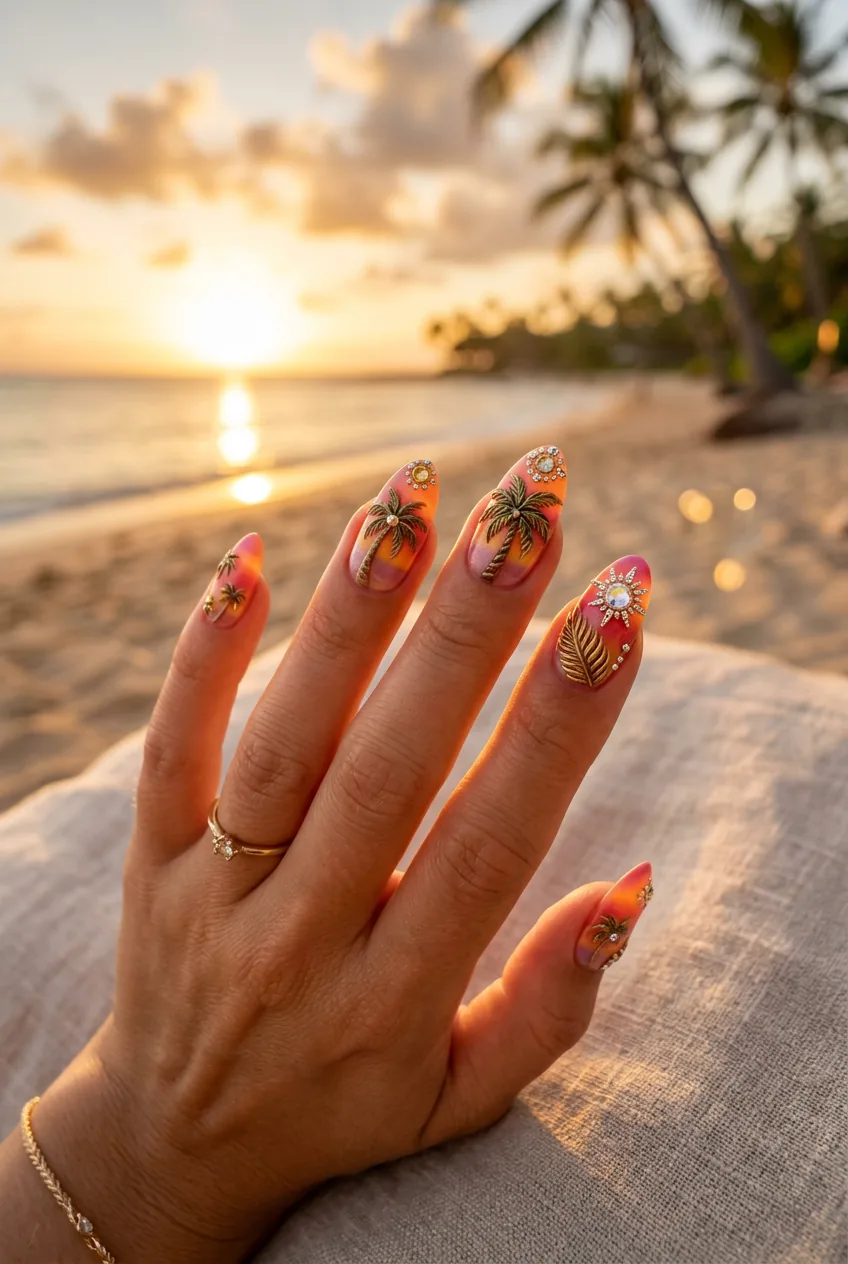 Three-dimensional sunset nail art with raised palm elements and rhinestone details against tropical background