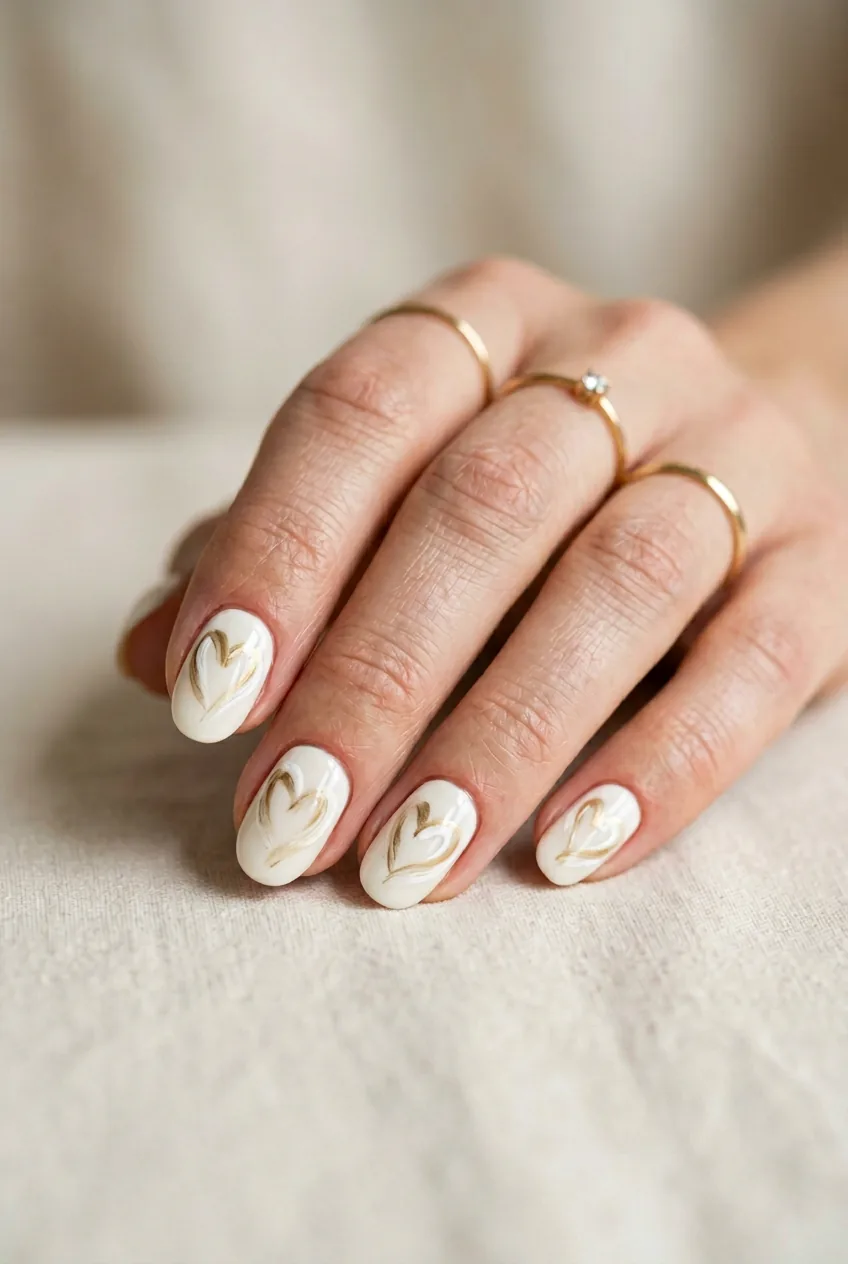 Woman's hand with abstract heart brushstroke design using loose curved strokes suggesting heart without literal shape