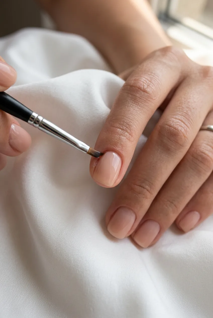 Thin angled cleanup brush tracing acetone along the skin edge beside a freshly painted nude nail on white silk