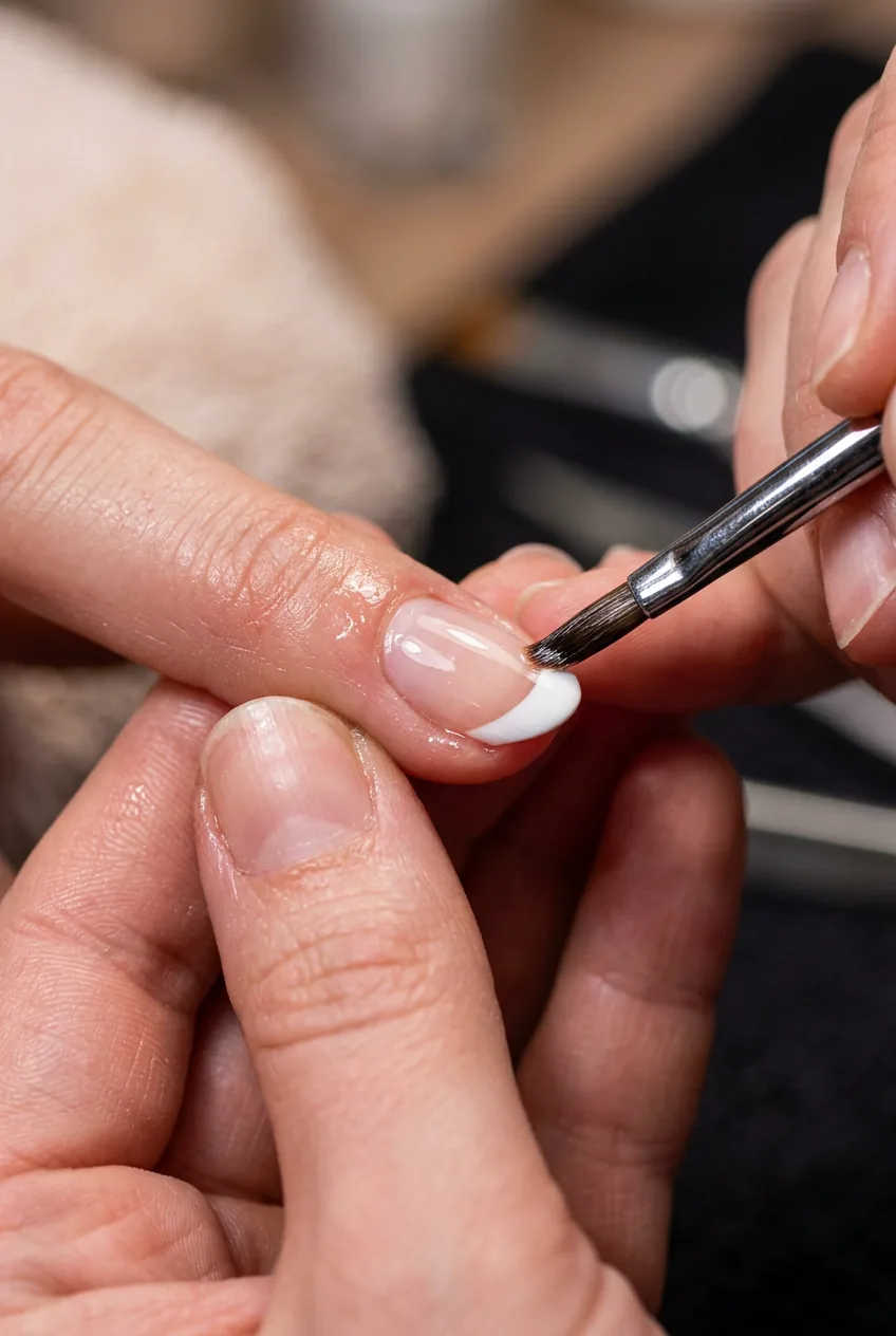 Macro close-up of fine acetone brush refining and cleaning the white tip edge of a french manicure nail