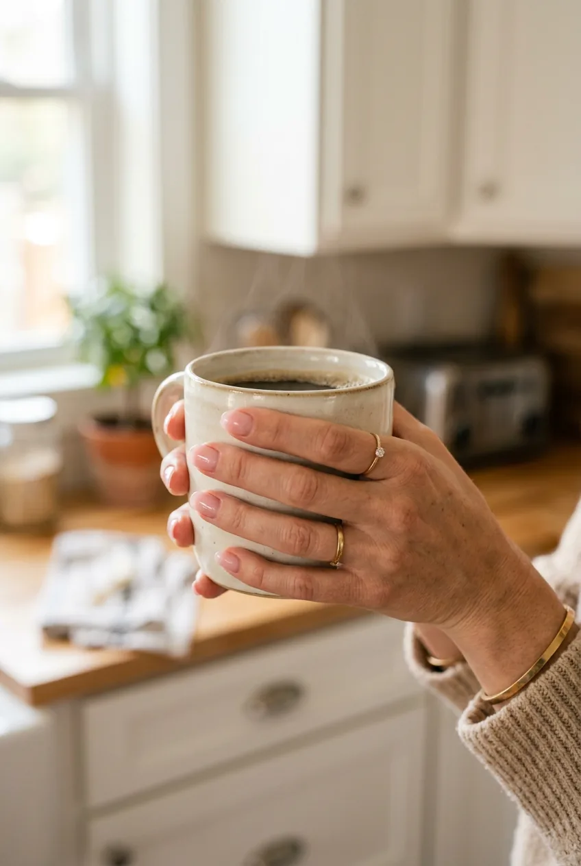Close-up side view of a hand with short pink acrylic nails wrapped around a white ceramic coffee mug