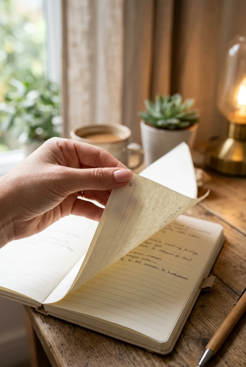 Close-up of a hand with short nude pink acrylic nails turning a page in an open notebook on a warm desk