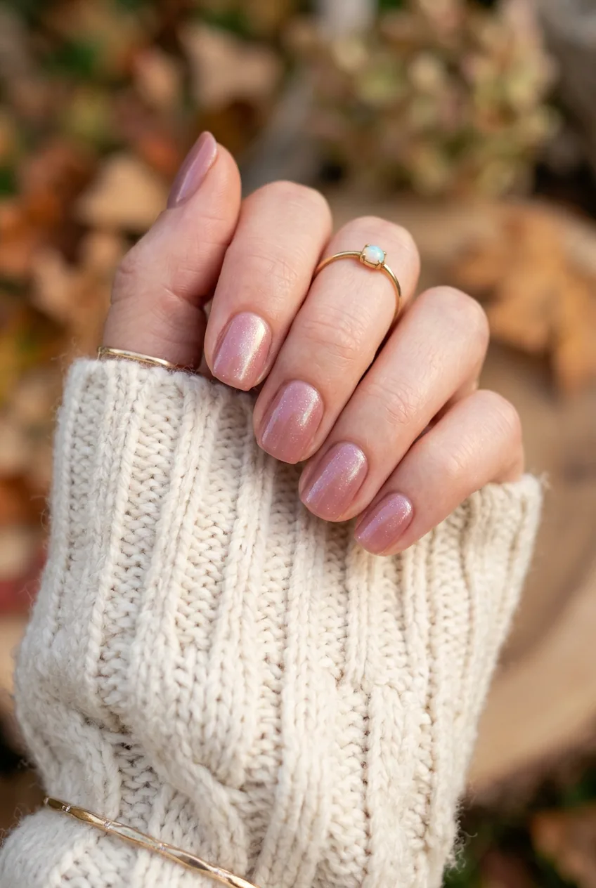 Close-up of hand with antique rose nails and iridescent sheer glitter top coat catching soft autumn light on cream knit sleeve