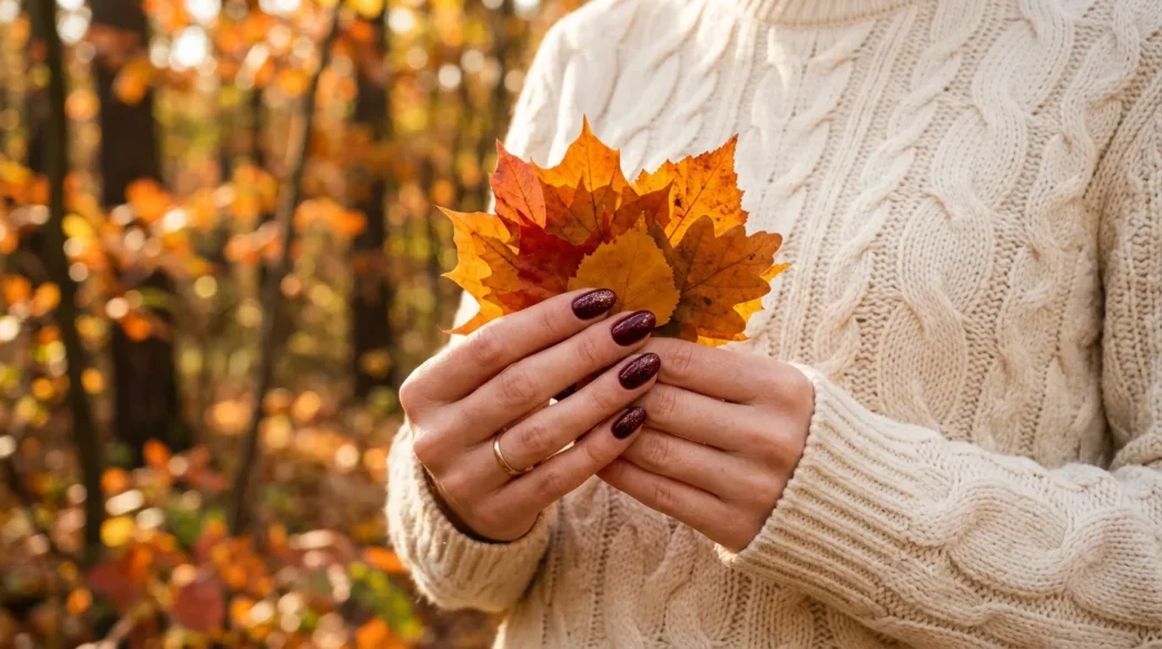 Hands with deep burgundy shimmer nails holding autumn leaves against cream knit sweater in fall sunlight