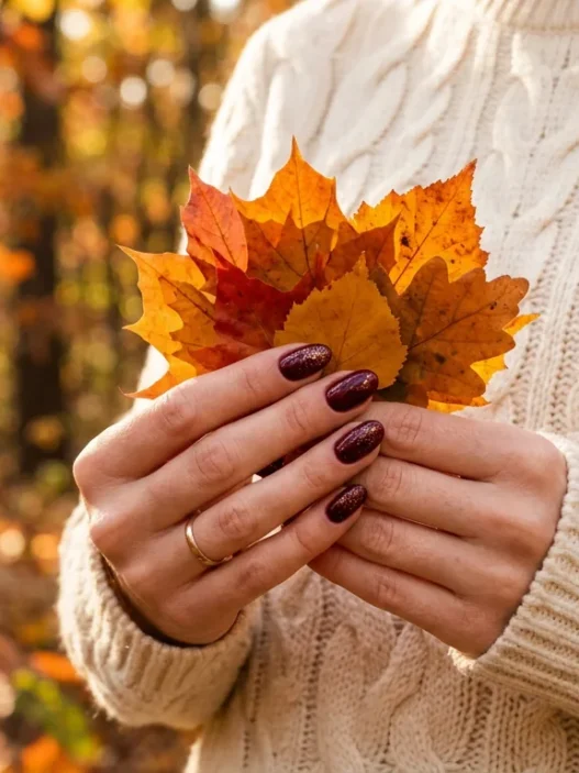 Hands with deep burgundy shimmer nails holding autumn leaves against cream knit sweater in fall sunlight
