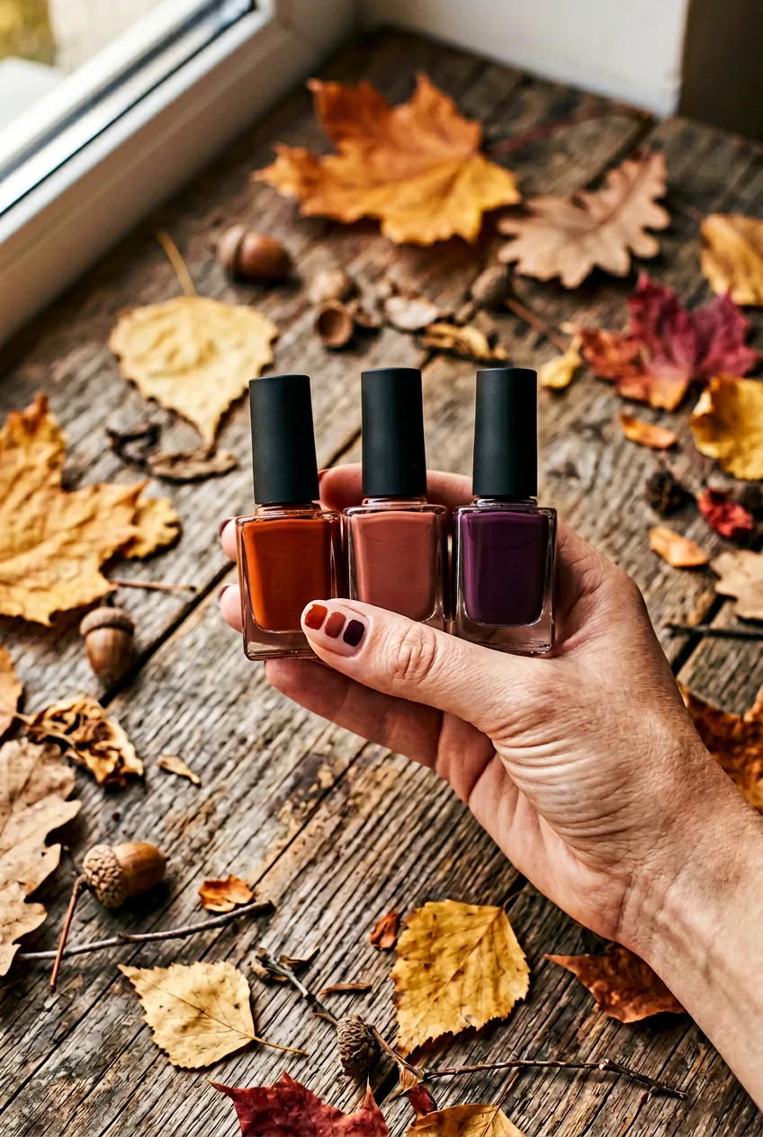 Hand holding three nail polish bottles in autumn shades of amber, terracotta and fig against wooden background with leaves