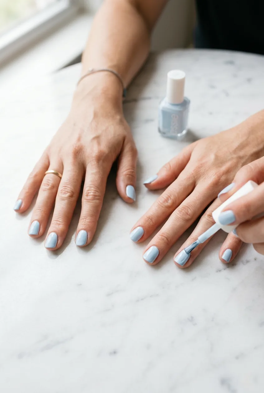 Two hands resting on white marble table showing a second coat of pale baby blue nail polish being applied mid-stroke