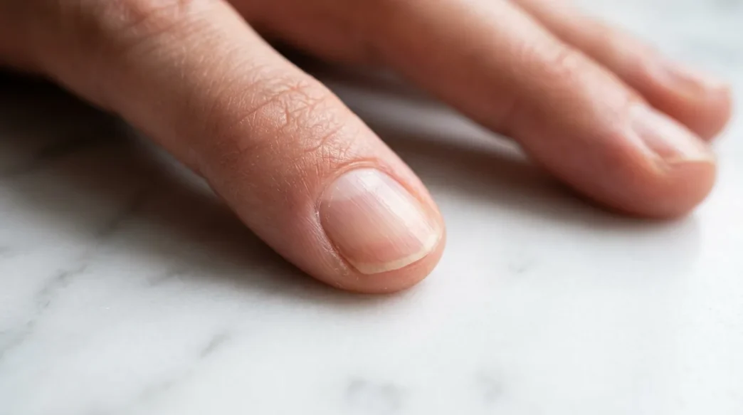 Macro close-up of a clean bare nail plate showing natural keratin surface texture under soft window light