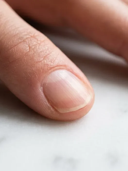 Macro close-up of a clean bare nail plate showing natural keratin surface texture under soft window light