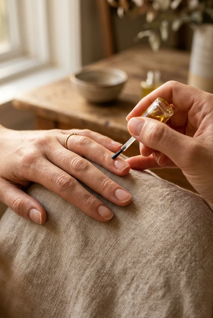 Woman's hands with bare natural nails applying cuticle oil with small precision brush